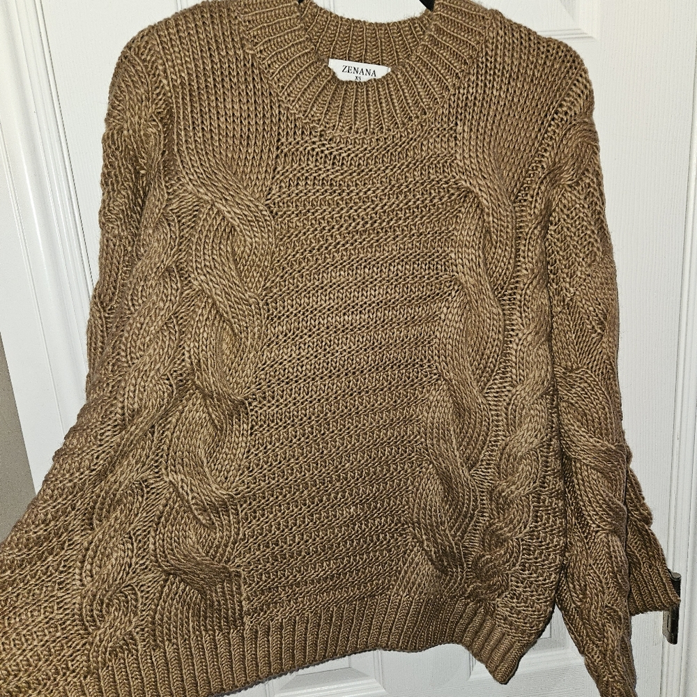 NEW! Cableknit Sweater Camel Tan Neutral Trendy Top Statement Sleeves - Picture 2 of 12